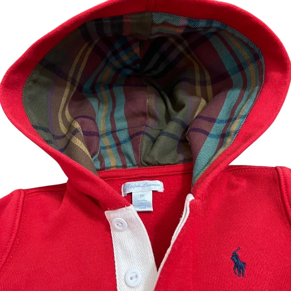 Ralph Lauren Baby Red Plaid Lined‎ Hoodie Romper Onesie 9M